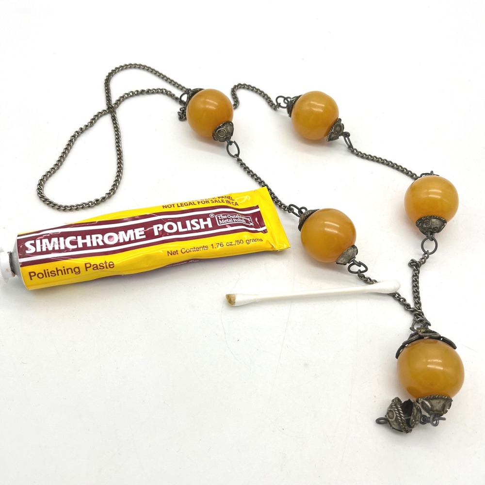 Vintage Bakelite Butterscotch Bead Necklace Filigree Silver Tone Chain 32 Inch